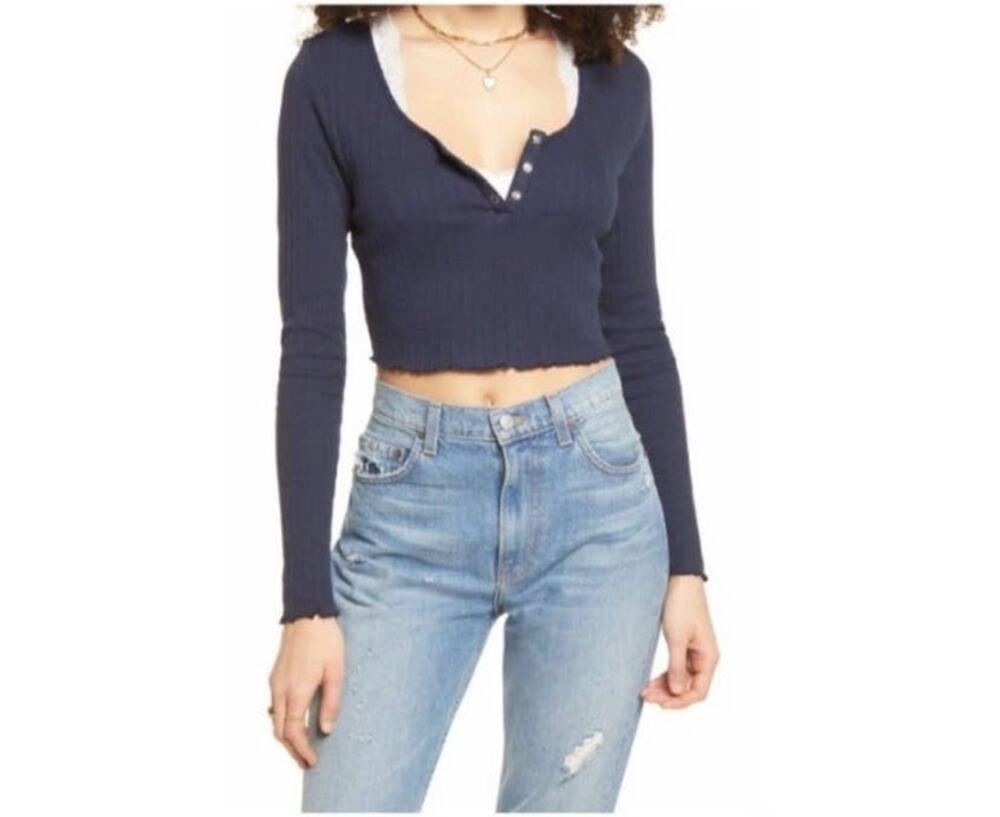 BP Navy Long Sleeve Ribbed Henley Crop Top - S